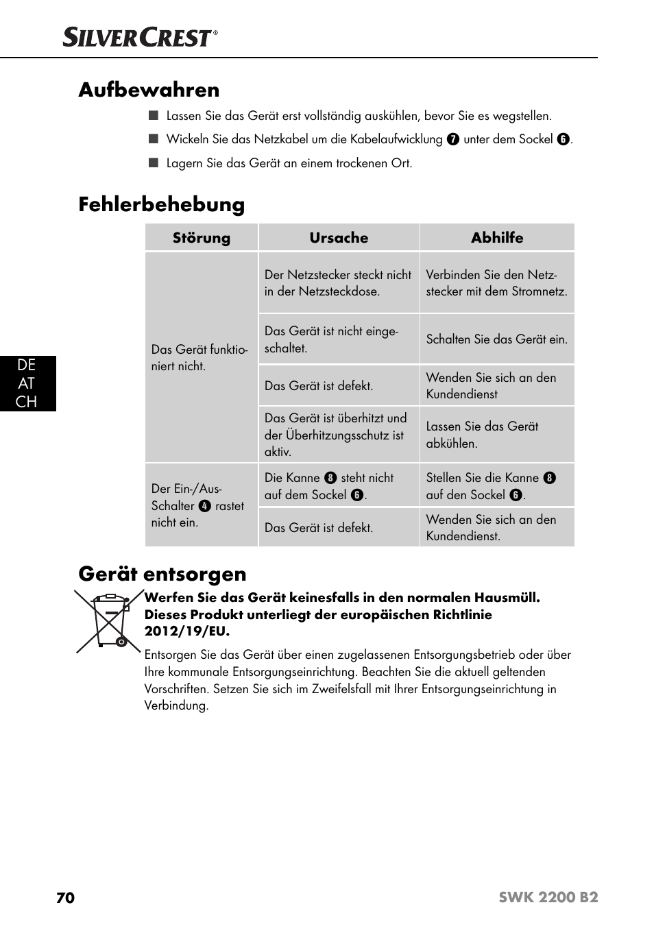 Aufbewahren, Fehlerbehebung, Gerät entsorgen | De at ch | Silvercrest SWK 2200 B2 User Manual | Page 73 / 76