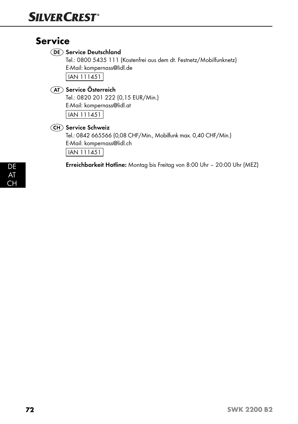 Service, De at ch | Silvercrest SWK 2200 B2 User Manual | Page 75 / 76