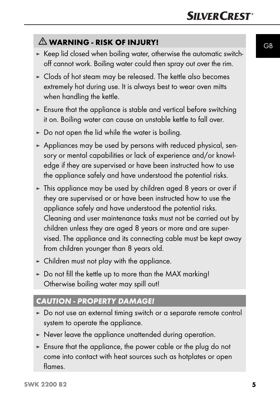 Warning - risk of injury, Do not open the lid while the water is boiling, Children must not play with the appliance | Silvercrest SWK 2200 B2 User Manual | Page 8 / 76