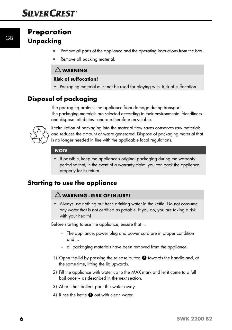 Preparation, Unpacking, Disposal of packaging | Starting to use the appliance | Silvercrest SWK 2200 B2 User Manual | Page 9 / 76