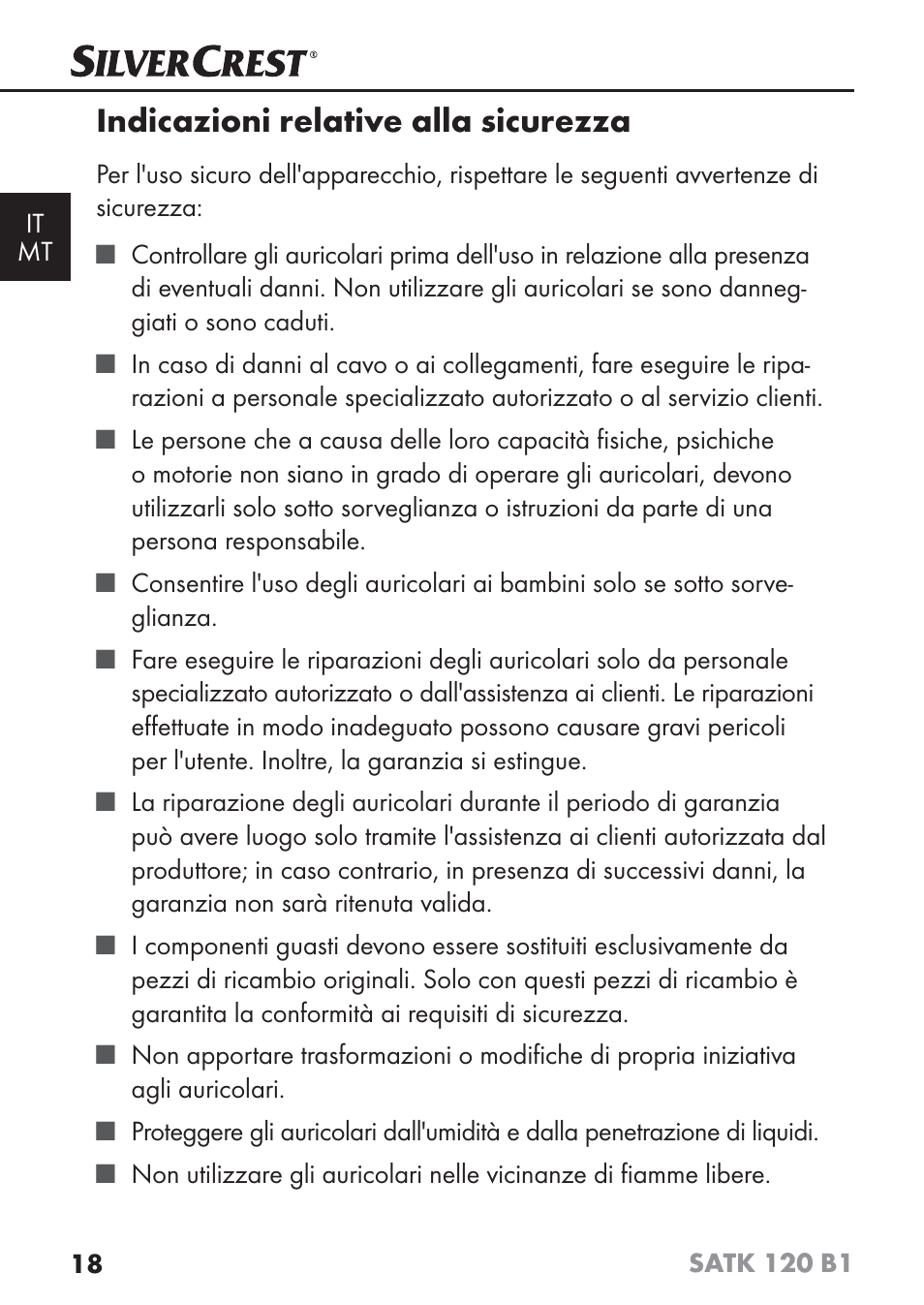 Indicazioni relative alla sicurezza | Silvercrest SATK 120 B1 User Manual | Page 21 / 74