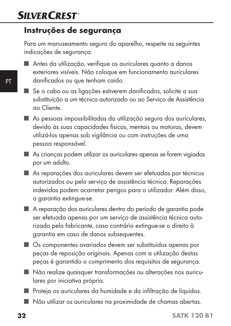 Instruções de segurança | Silvercrest SATK 120 B1 User Manual | Page 35 / 74