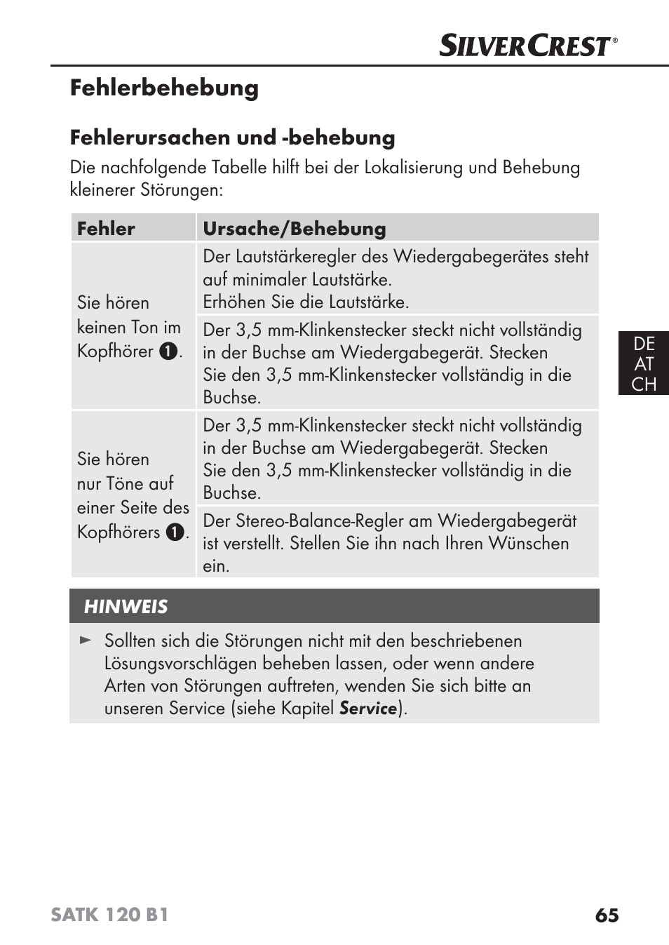 Fehlerbehebung | Silvercrest SATK 120 B1 User Manual | Page 68 / 74