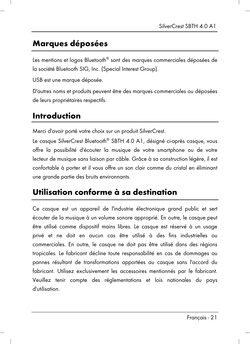 Marques déposées, Introduction, Utilisation conforme à sa destination | Silvercrest SBTH 4.0 A1 User Manual | Page 23 / 76