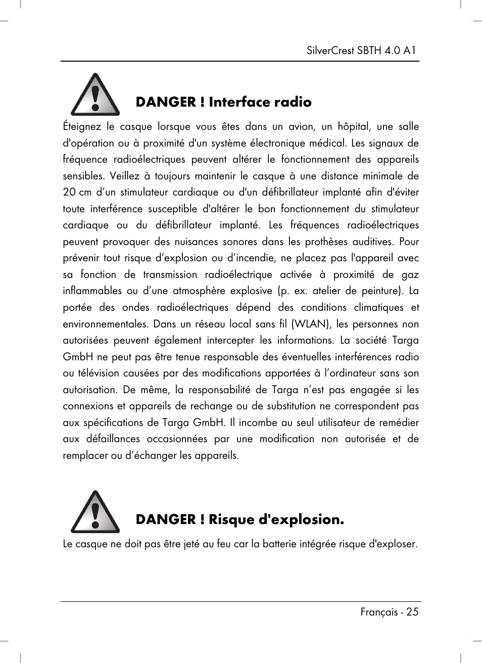 Danger ! interface radio, Danger ! risque d'explosion | Silvercrest SBTH 4.0 A1 User Manual | Page 27 / 76