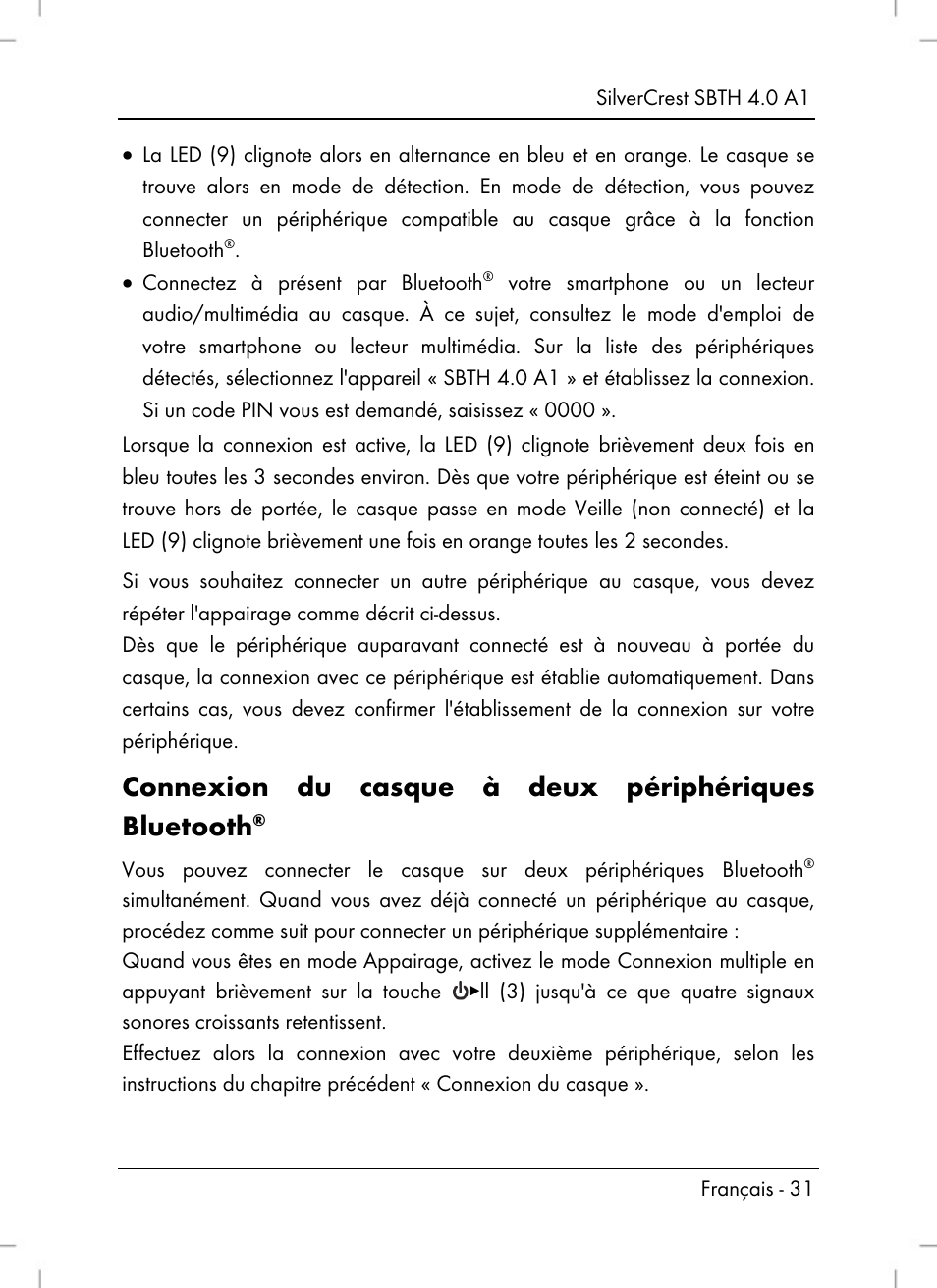 Connexion du casque à deux périphériques bluetooth | Silvercrest SBTH 4.0 A1 User Manual | Page 33 / 76