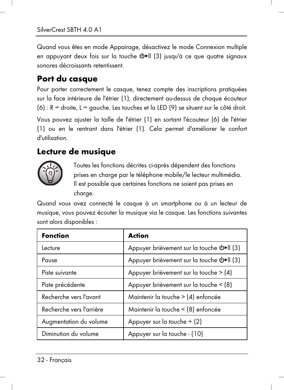 Port du casque, Lecture de musique | Silvercrest SBTH 4.0 A1 User Manual | Page 34 / 76