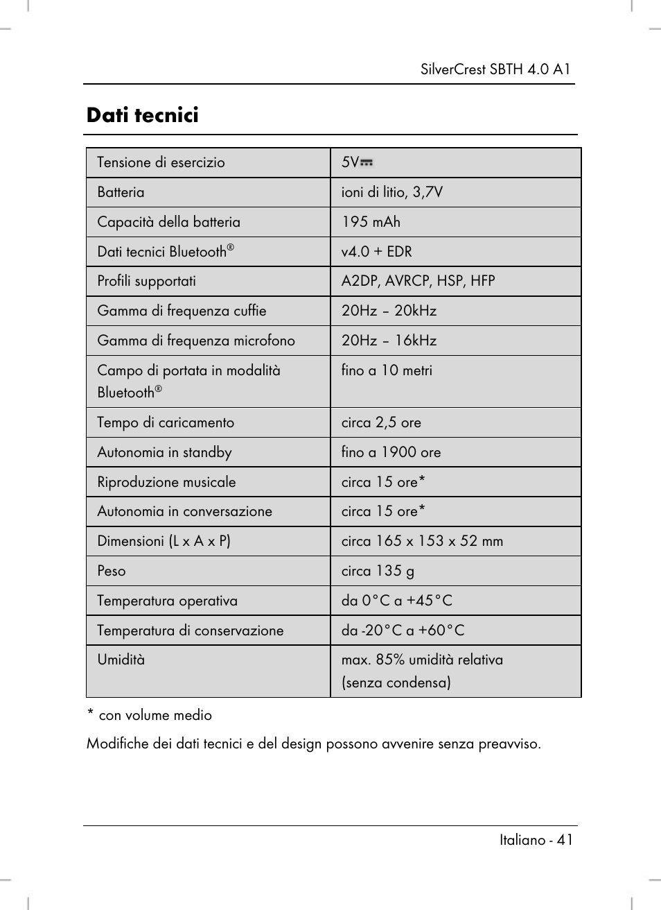 Dati tecnici | Silvercrest SBTH 4.0 A1 User Manual | Page 43 / 76