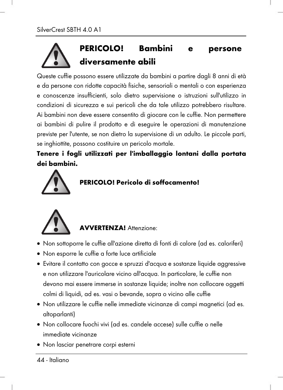 Pericolo! bambini e persone diversamente abili | Silvercrest SBTH 4.0 A1 User Manual | Page 46 / 76