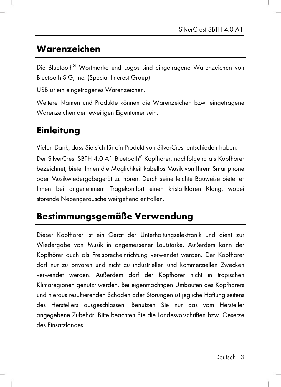 Warenzeichen, Einleitung, Bestimmungsgemäße verwendung | Silvercrest SBTH 4.0 A1 User Manual | Page 5 / 76