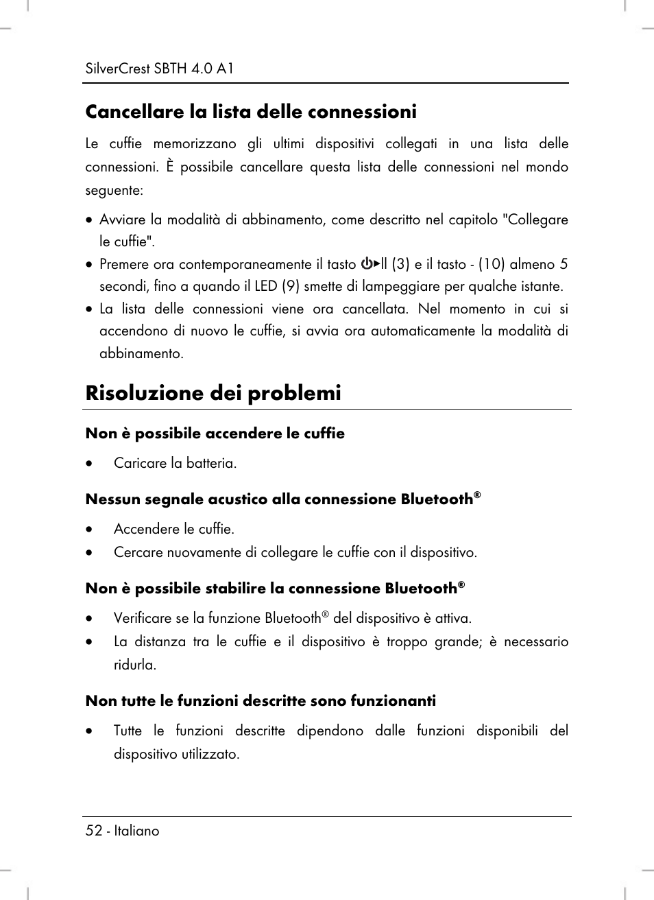 Risoluzione dei problemi, Cancellare la lista delle connessioni | Silvercrest SBTH 4.0 A1 User Manual | Page 54 / 76