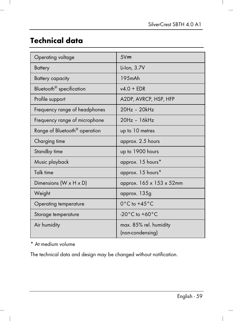 Technical data | Silvercrest SBTH 4.0 A1 User Manual | Page 61 / 76