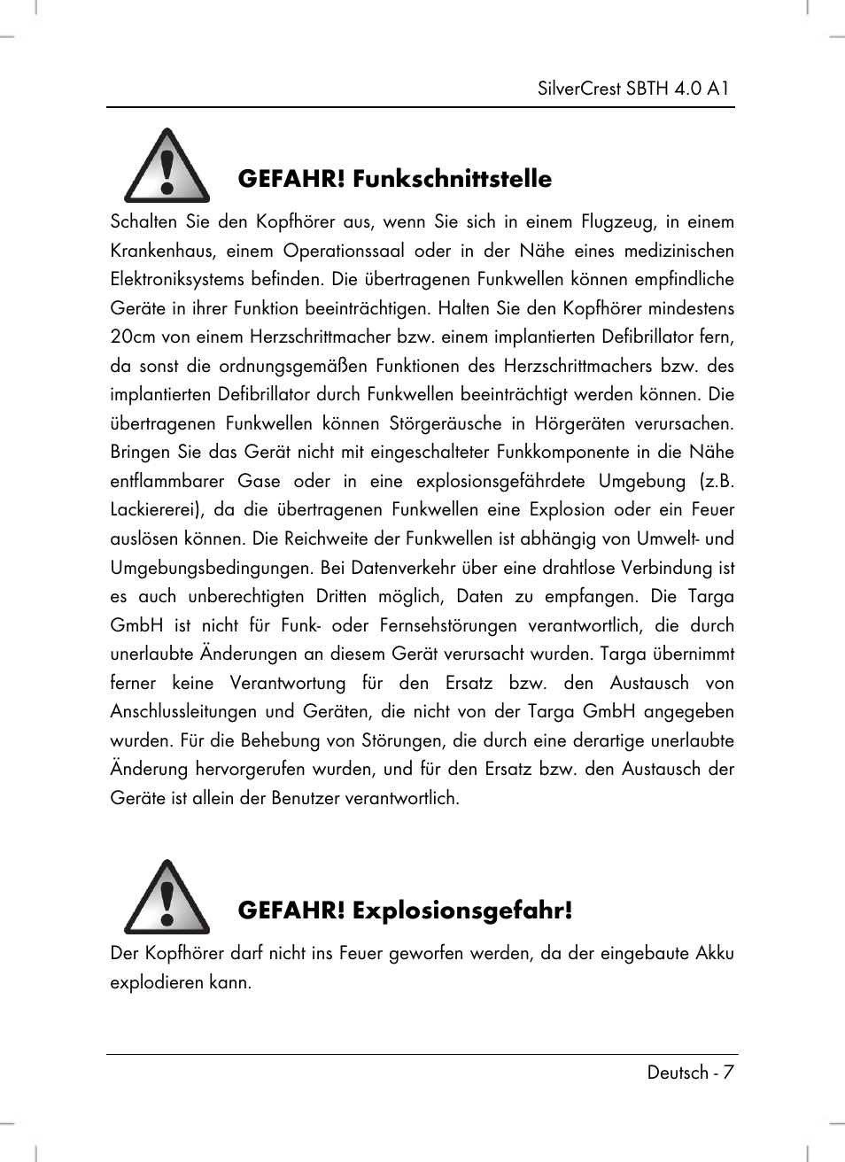 Gefahr! funkschnittstelle, Gefahr! explosionsgefahr | Silvercrest SBTH 4.0 A1 User Manual | Page 9 / 76