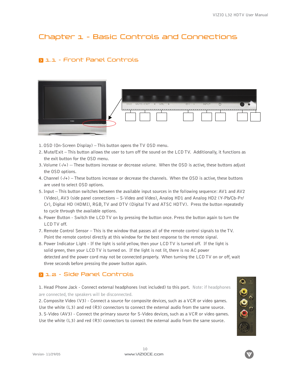 Chapter 1 – basic controls and connections, 1 - front panel controls, 2 - side panel controls | Digital Media Wire L32 User Manual | Page 10 / 81