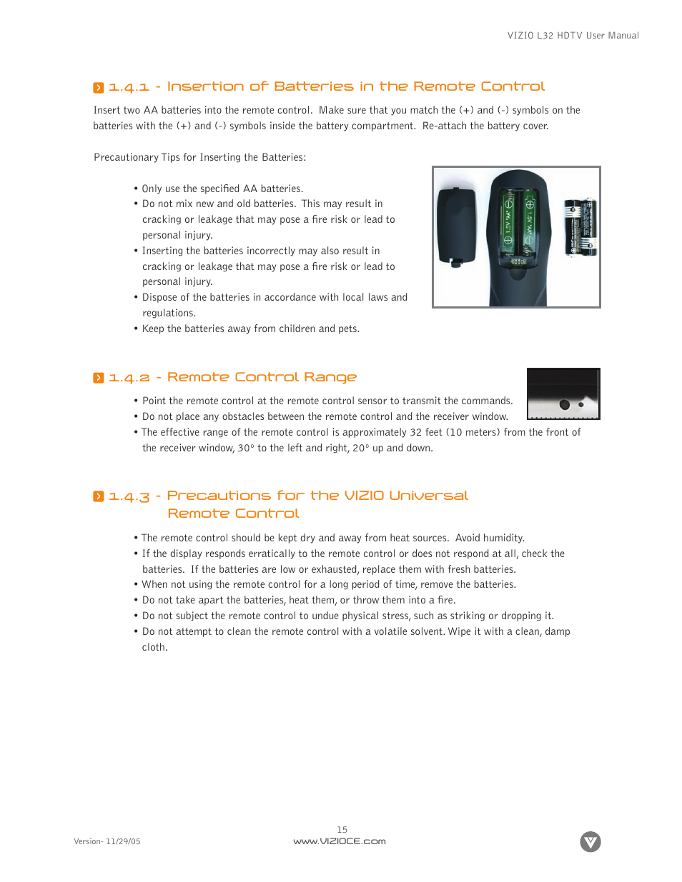 1 - insertion of batteries in the remote control, 2 - remote control range | Digital Media Wire L32 User Manual | Page 15 / 81