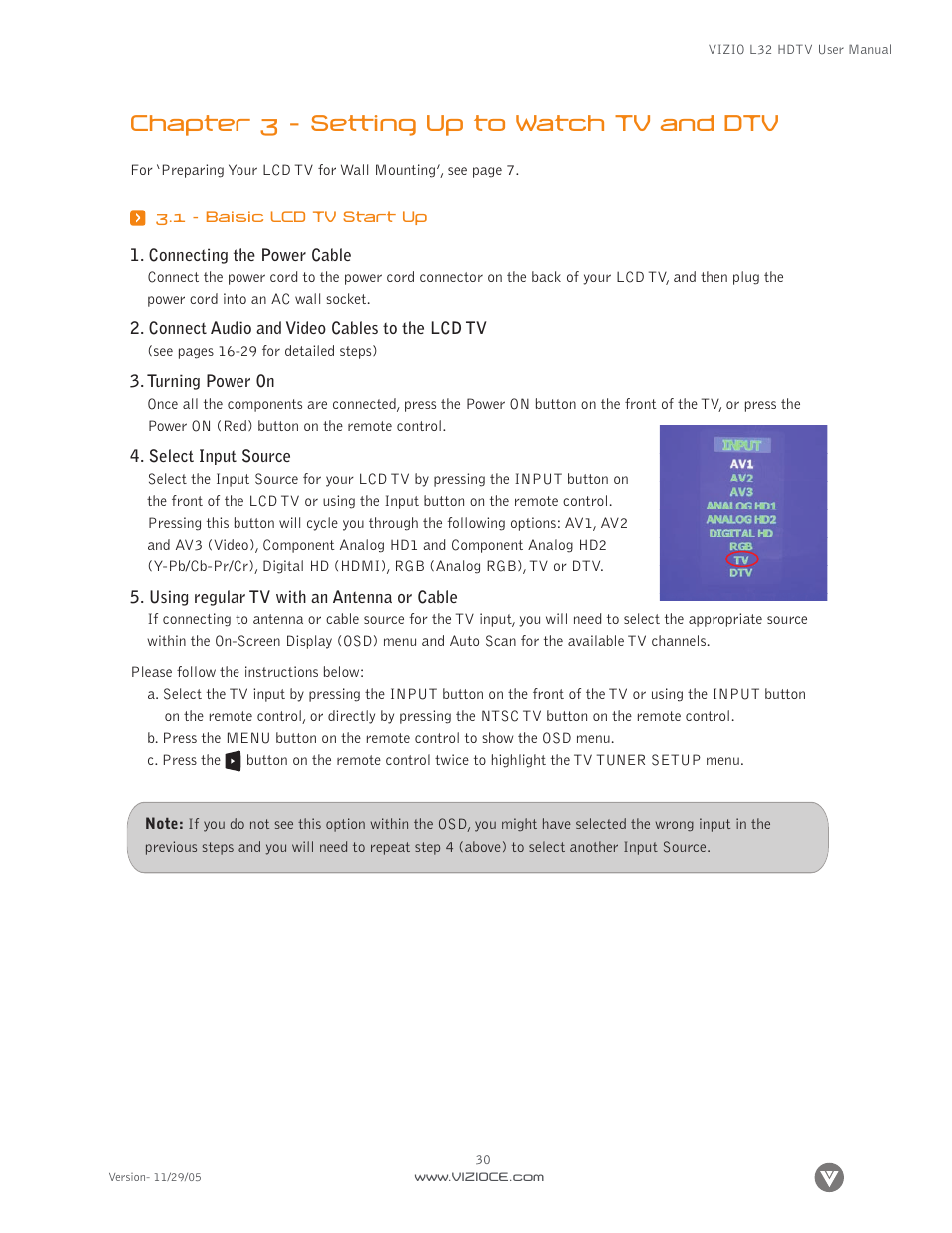 Chapter 3 – setting up to watch tv and dtv | Digital Media Wire L32 User Manual | Page 30 / 81