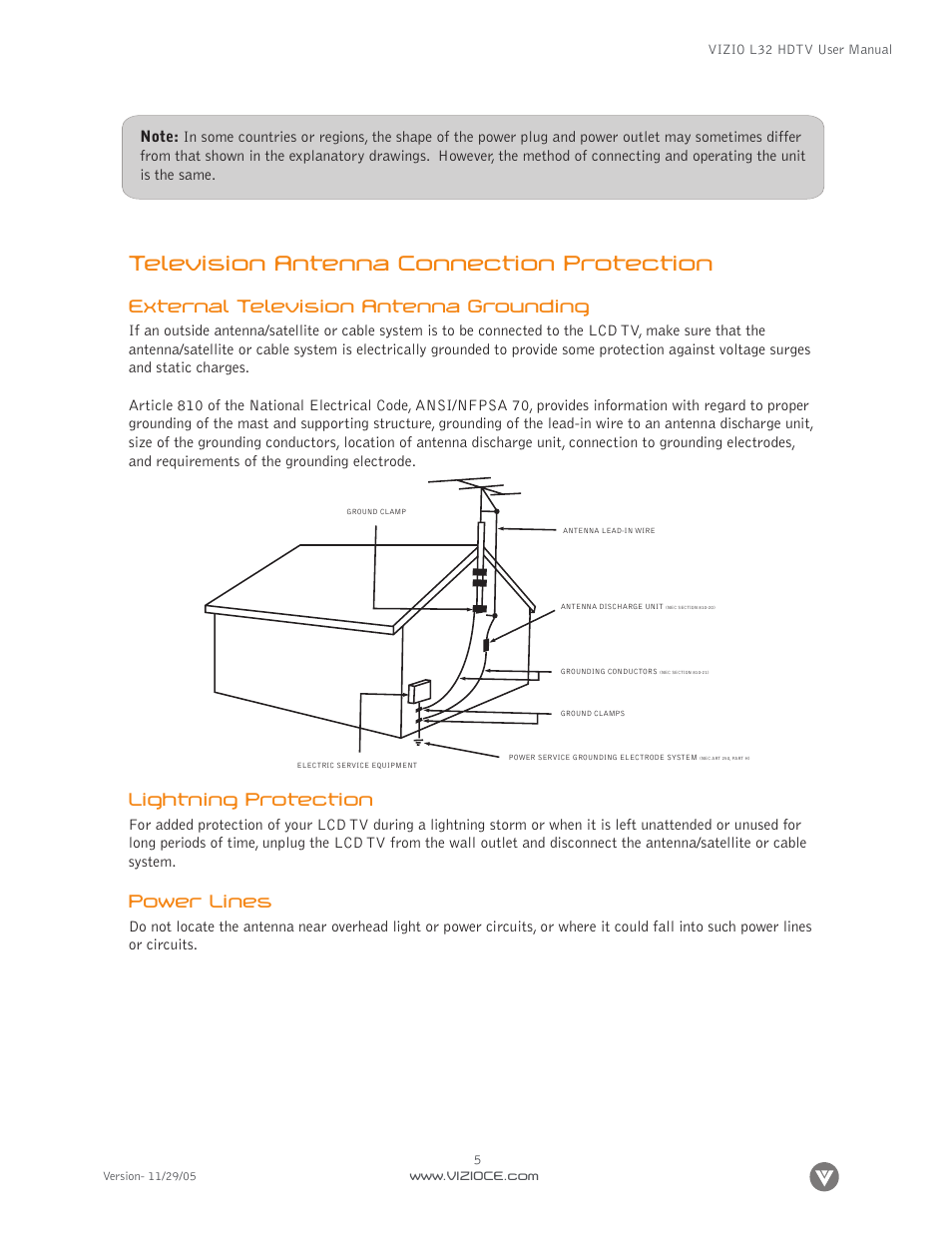 Television antenna connection protection, External television antenna grounding, Lightning protection | Power lines | Digital Media Wire L32 User Manual | Page 5 / 81