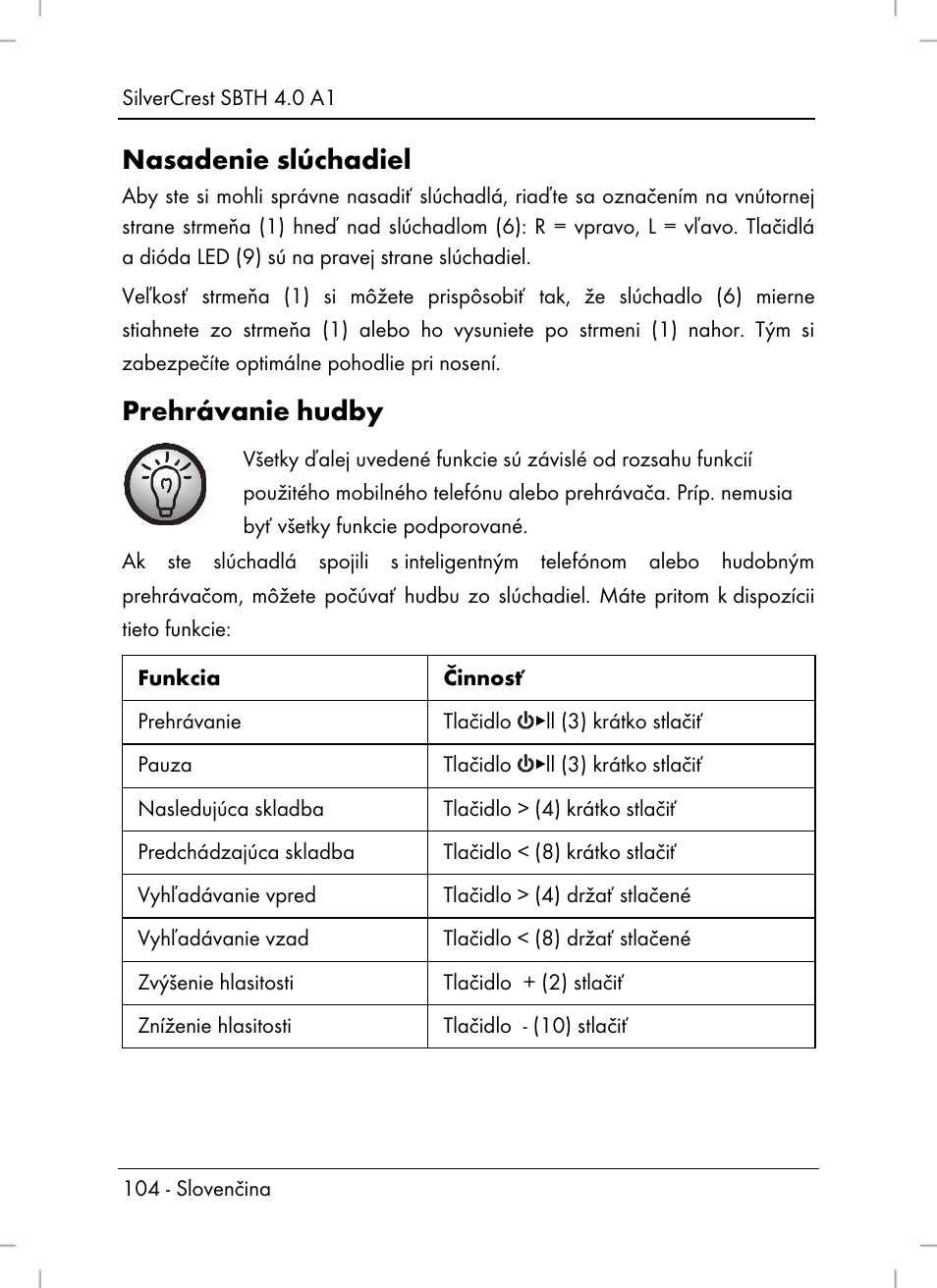 Nasadenie slúchadiel, Prehrávanie hudby | Silvercrest SBTH 4.0 A1 User Manual | Page 106 / 130