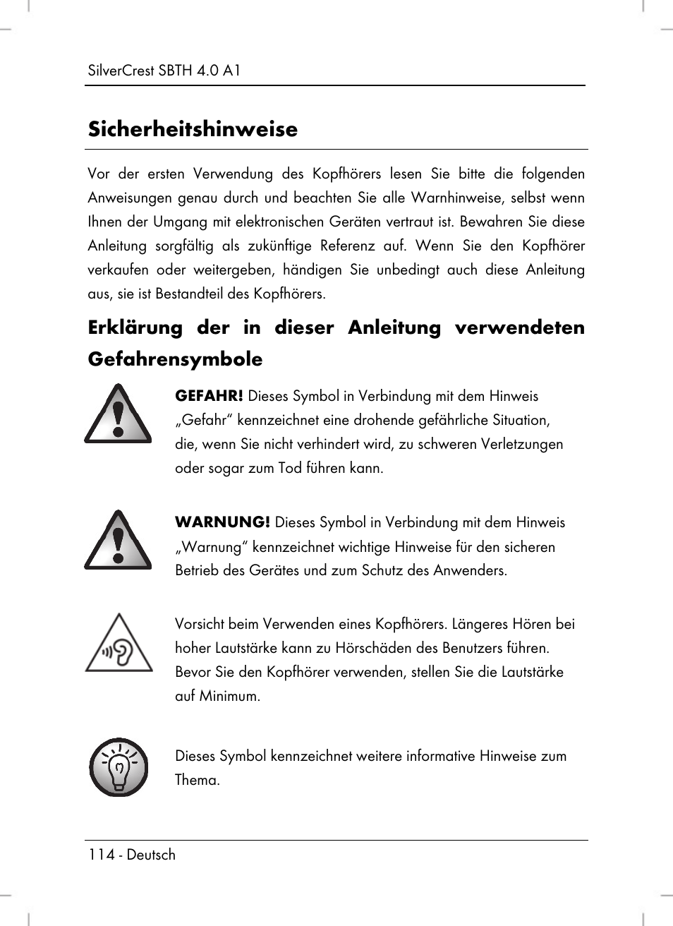 Sicherheitshinweise | Silvercrest SBTH 4.0 A1 User Manual | Page 116 / 130
