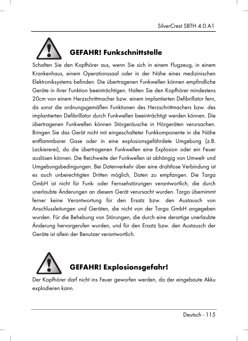 Gefahr! funkschnittstelle, Gefahr! explosionsgefahr | Silvercrest SBTH 4.0 A1 User Manual | Page 117 / 130