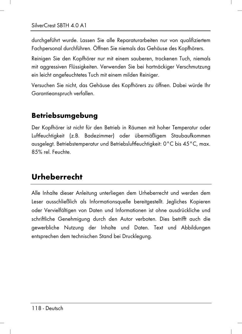 Urheberrecht, Betriebsumgebung | Silvercrest SBTH 4.0 A1 User Manual | Page 120 / 130