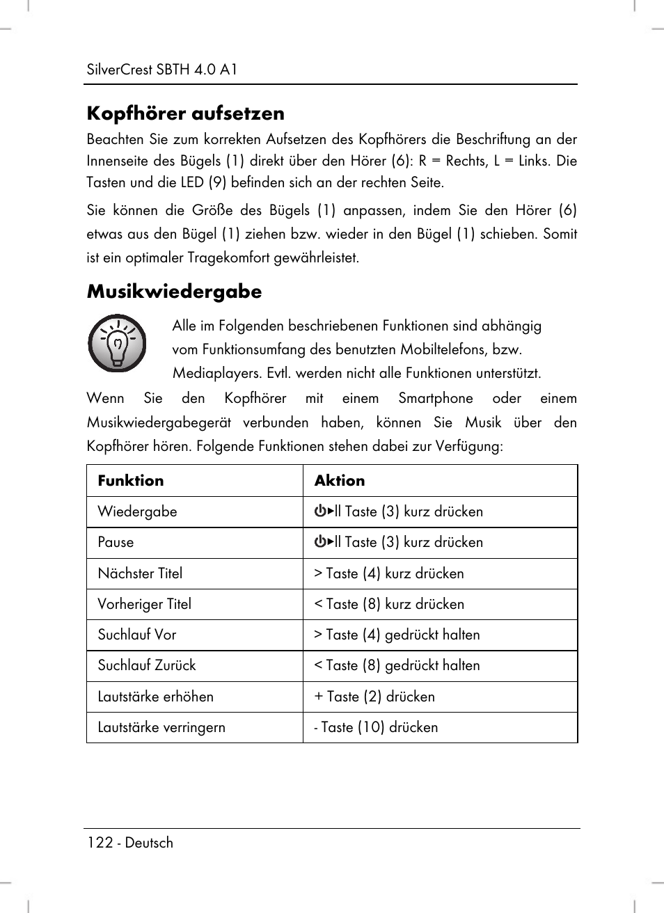 Kopfhörer aufsetzen, Musikwiedergabe | Silvercrest SBTH 4.0 A1 User Manual | Page 124 / 130