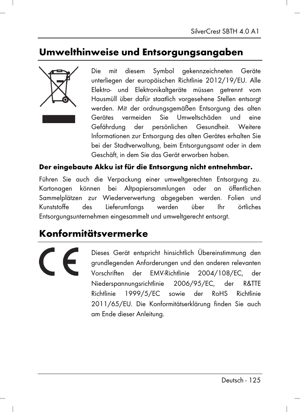 Umwelthinweise und entsorgungsangaben, Konformitätsvermerke | Silvercrest SBTH 4.0 A1 User Manual | Page 127 / 130