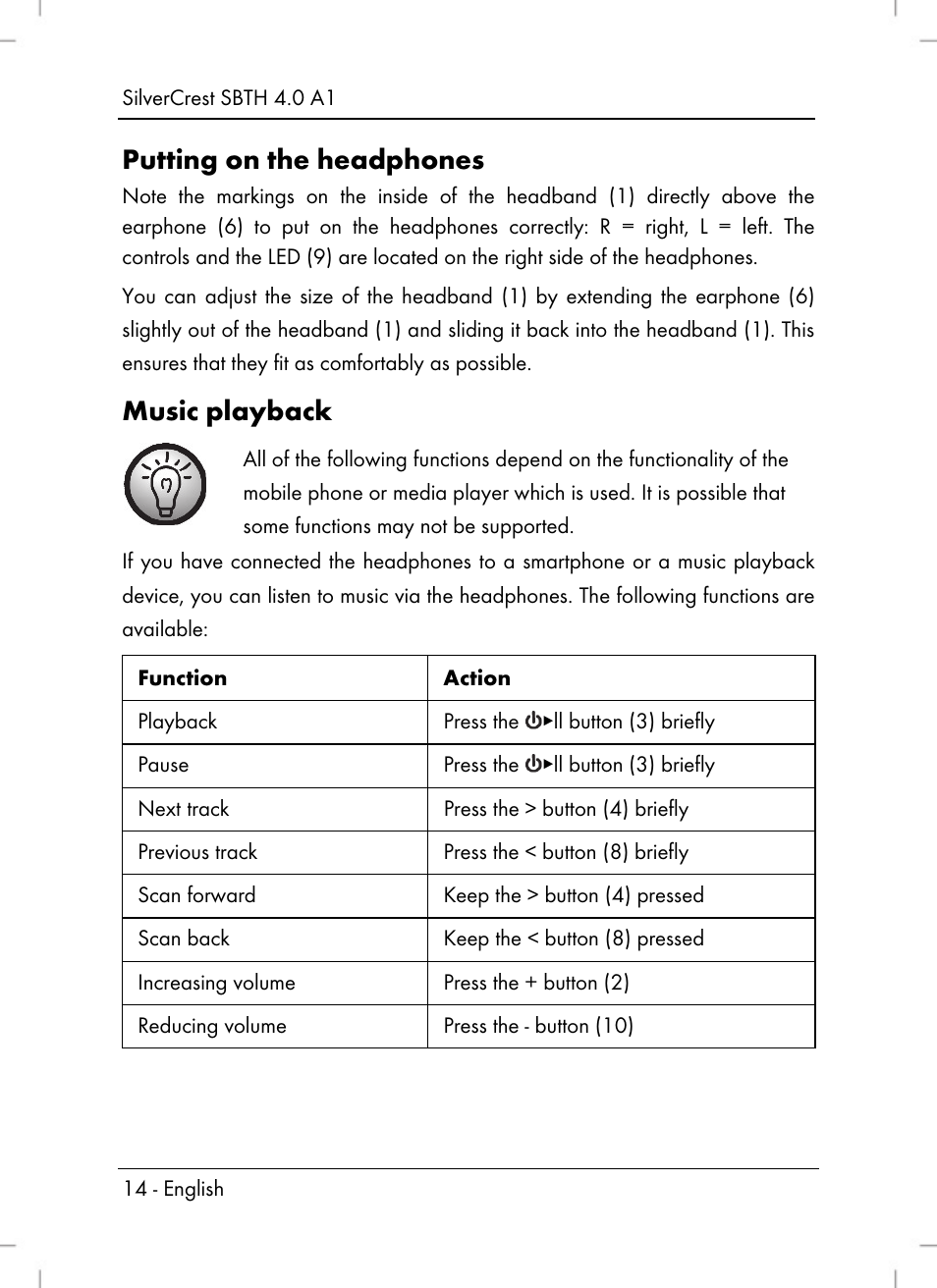 Putting on the headphones, Music playback | Silvercrest SBTH 4.0 A1 User Manual | Page 16 / 130