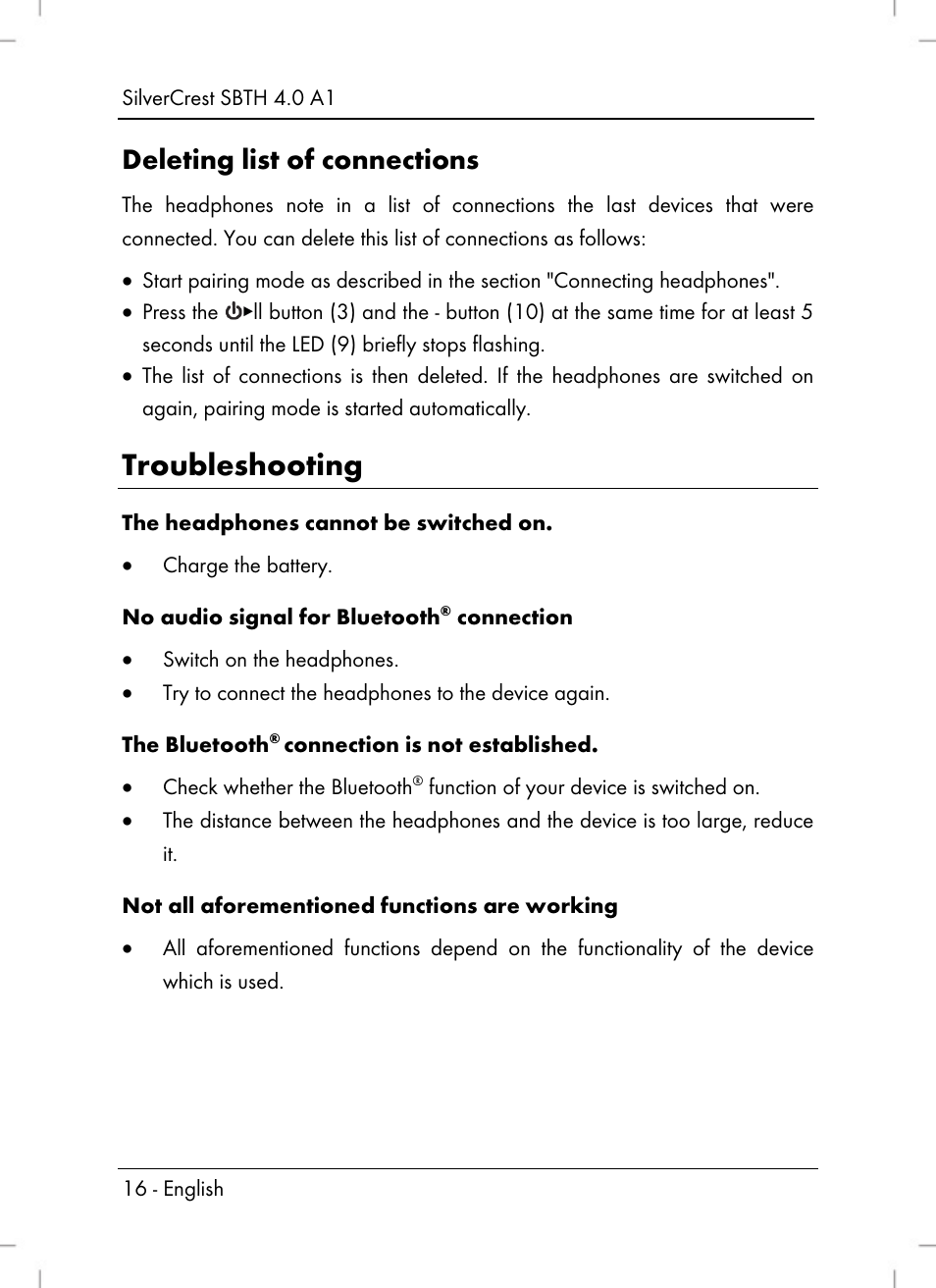 Troubleshooting, Deleting list of connections | Silvercrest SBTH 4.0 A1 User Manual | Page 18 / 130