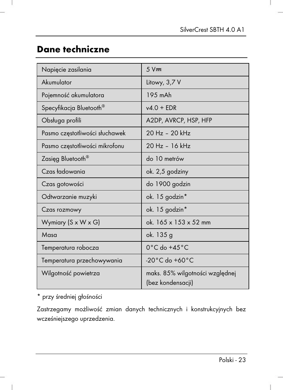 Dane techniczne | Silvercrest SBTH 4.0 A1 User Manual | Page 25 / 130