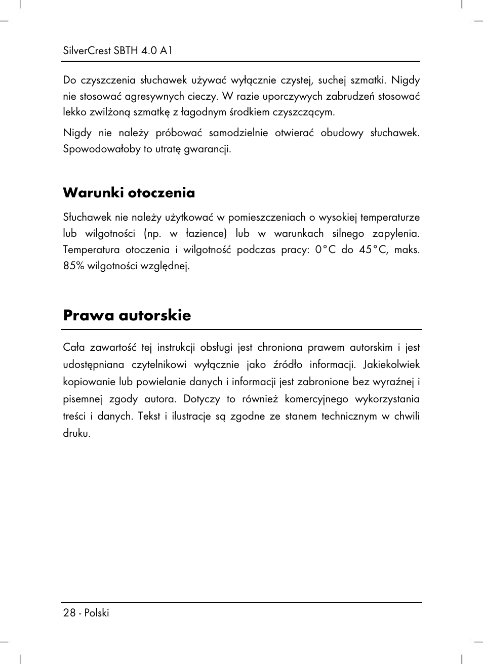 Prawa autorskie, Warunki otoczenia | Silvercrest SBTH 4.0 A1 User Manual | Page 30 / 130