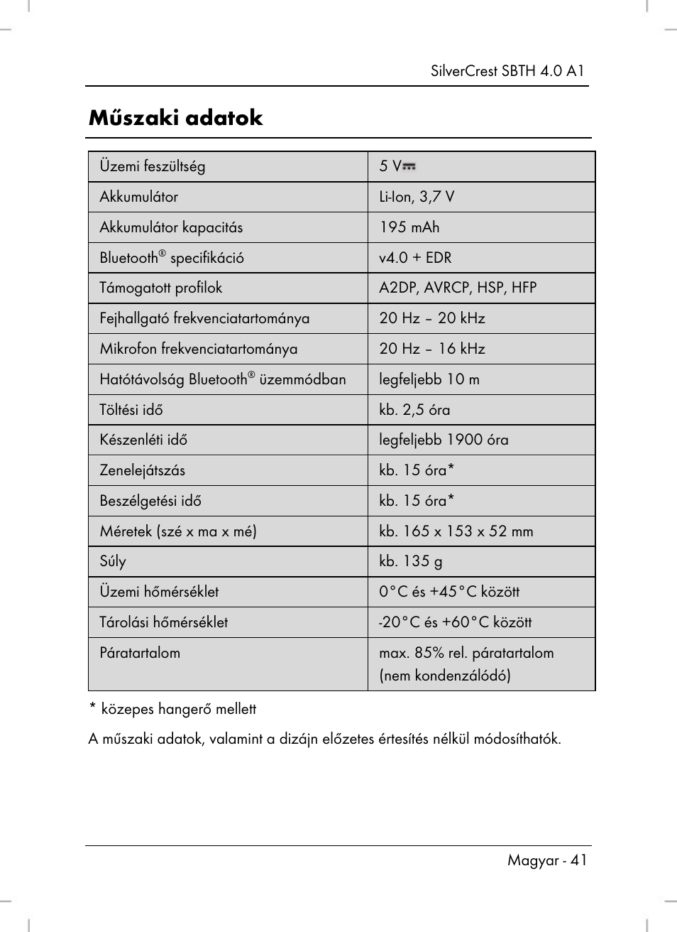 Műszaki adatok | Silvercrest SBTH 4.0 A1 User Manual | Page 43 / 130