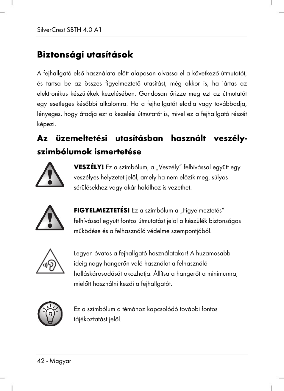 Biztonsági utasítások | Silvercrest SBTH 4.0 A1 User Manual | Page 44 / 130