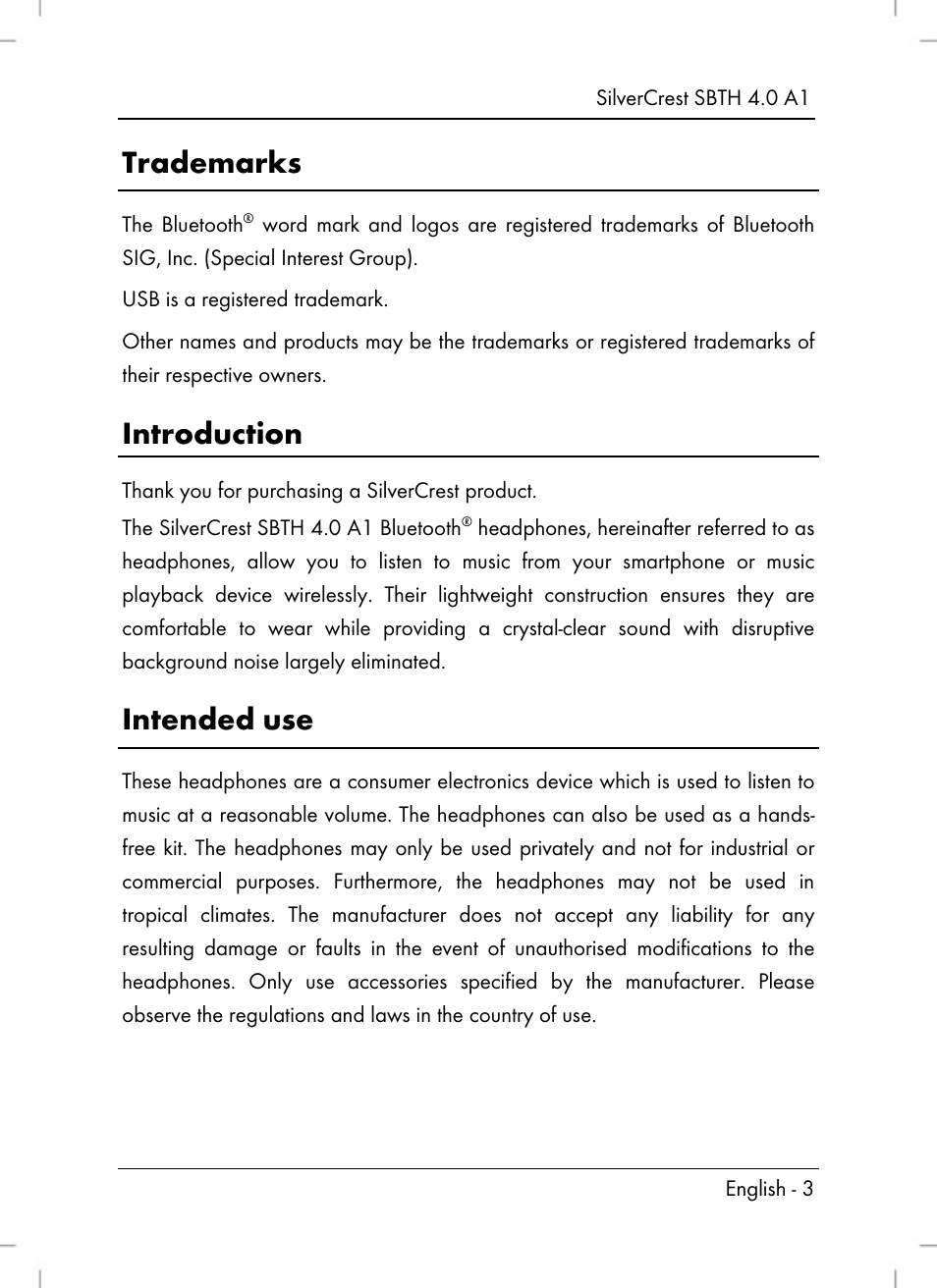 Trademarks, Introduction, Intended use | Silvercrest SBTH 4.0 A1 User Manual | Page 5 / 130