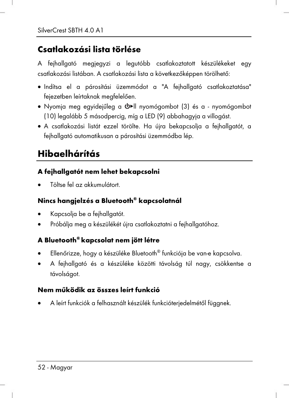 Hibaelhárítás, Csatlakozási lista törlése | Silvercrest SBTH 4.0 A1 User Manual | Page 54 / 130