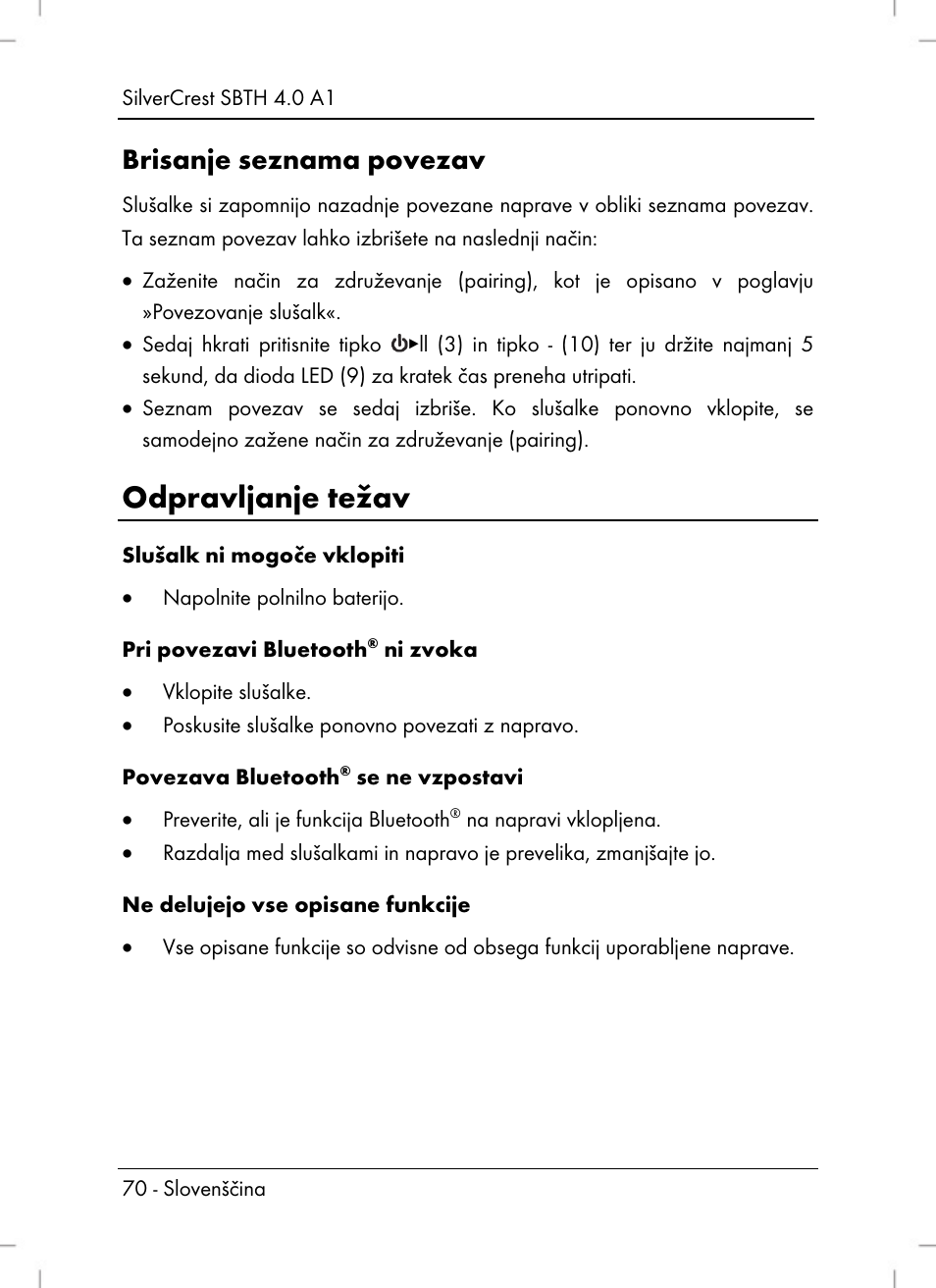 Odpravljanje težav, Brisanje seznama povezav | Silvercrest SBTH 4.0 A1 User Manual | Page 72 / 130