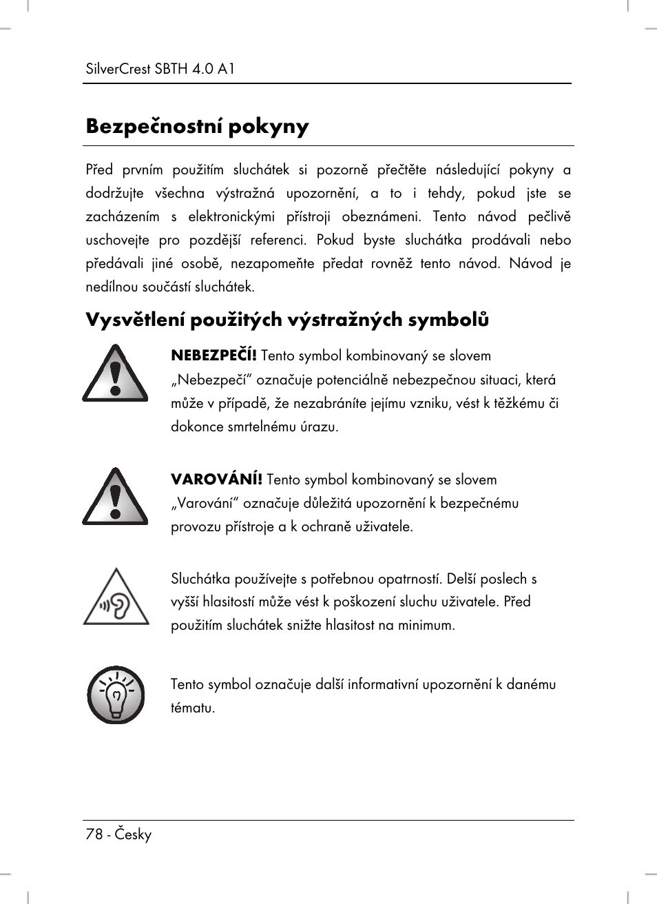 Bezpečnostní pokyny, Vysvětlení použitých výstražných symbolů | Silvercrest SBTH 4.0 A1 User Manual | Page 80 / 130