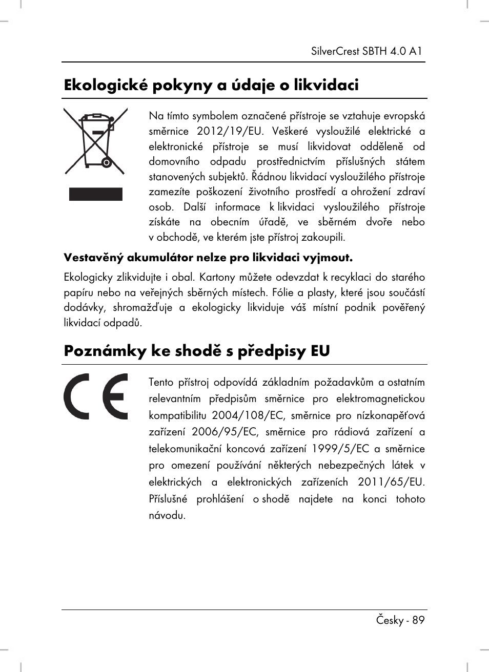 Ekologické pokyny a údaje o likvidaci, Poznámky ke shodě s předpisy eu | Silvercrest SBTH 4.0 A1 User Manual | Page 91 / 130