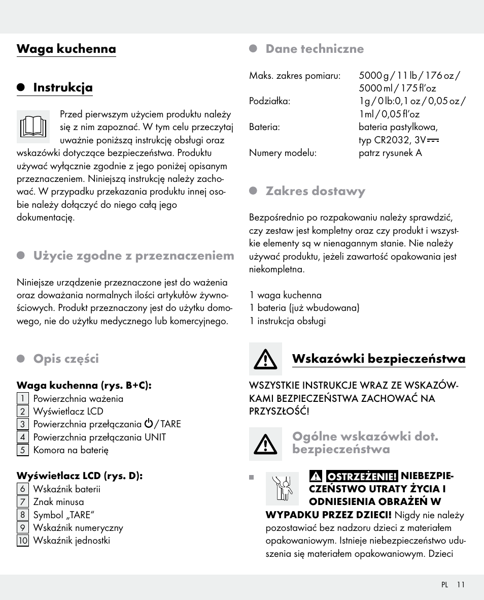 Waga kuchenna instrukcja, Użycie zgodne z przeznaczeniem, Opis części | Dane techniczne, Zakres dostawy, Wskazówki bezpieczeństwa, Ogólne wskazówki dot. bezpieczeństwa | Silvercrest 104357-14-0х User Manual | Page 11 / 40