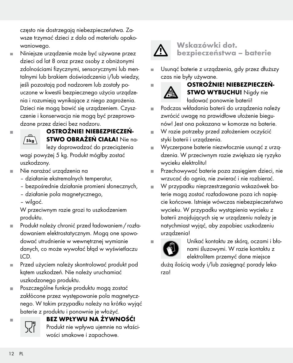 Wskazówki dot. bezpieczeństwa – baterie | Silvercrest 104357-14-0х User Manual | Page 12 / 40