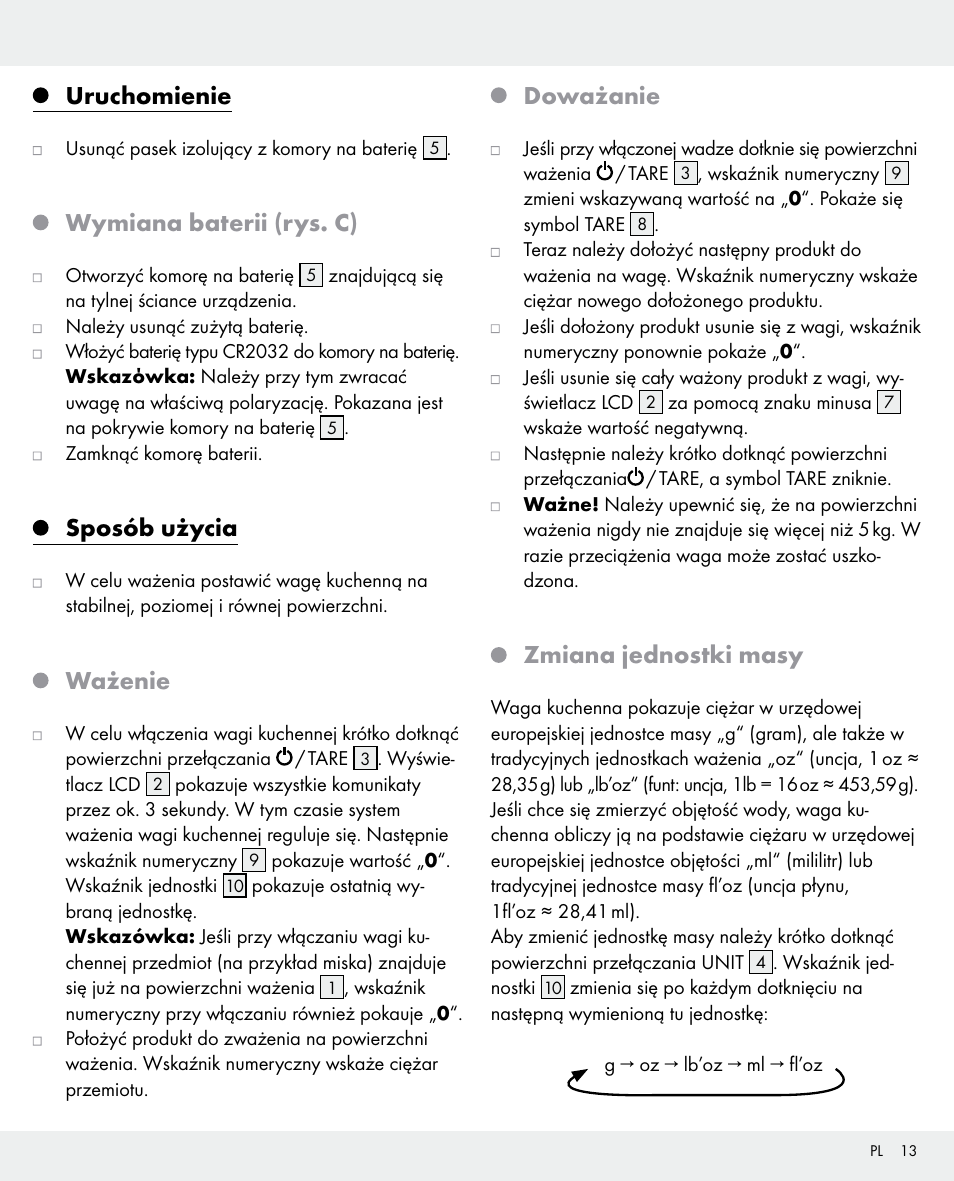 Uruchomienie, Wymiana baterii (rys. c), Sposób użycia | Ważenie, Doważanie, Zmiana jednostki masy | Silvercrest 104357-14-0х User Manual | Page 13 / 40