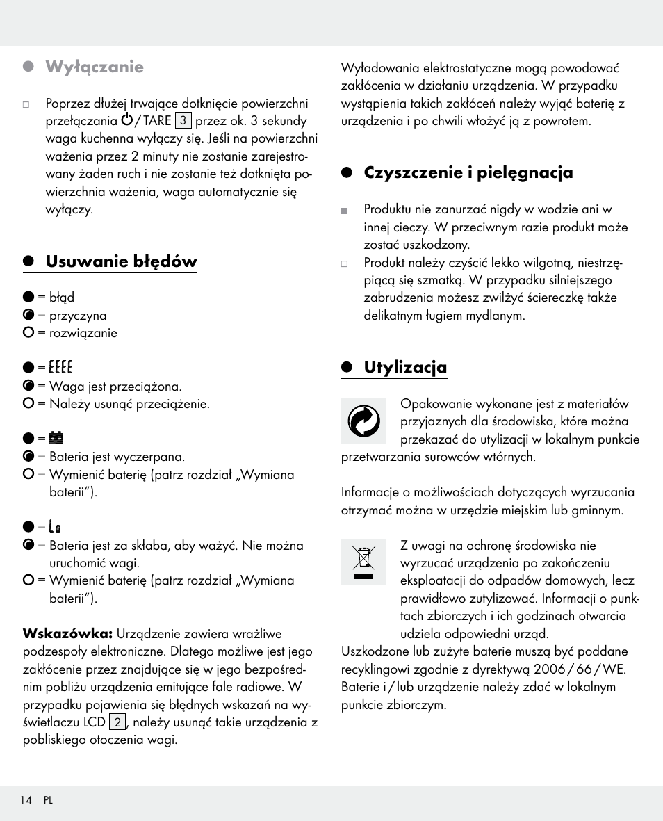 Wyłączanie, Usuwanie błędów, Czyszczenie i pielęgnacja | Utylizacja | Silvercrest 104357-14-0х User Manual | Page 14 / 40