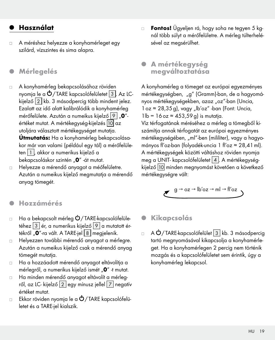 Használat, Mérlegelés, Hozzámérés | A mértékegység megváltoztatása, Kikapcsolás | Silvercrest 104357-14-0х User Manual | Page 19 / 40
