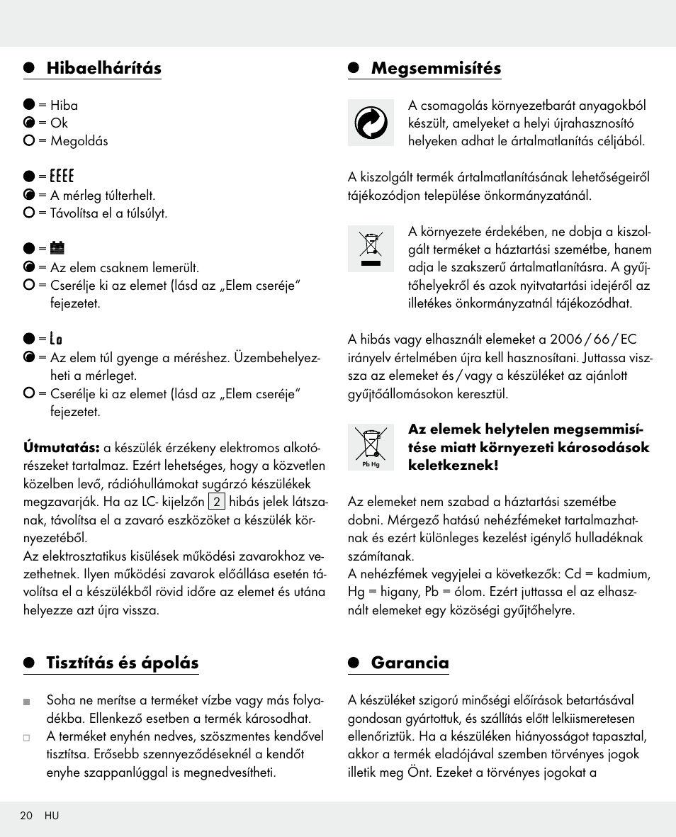 Hibaelhárítás, Tisztítás és ápolás, Megsemmisítés | Garancia | Silvercrest 104357-14-0х User Manual | Page 20 / 40