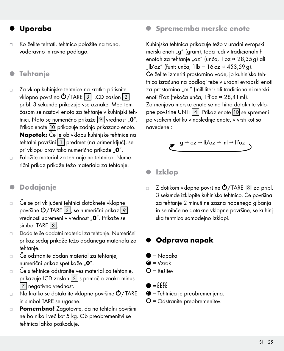 Uporaba, Tehtanje, Dodajanje | Izklop, Odprava napak | Silvercrest 104357-14-0х User Manual | Page 25 / 40