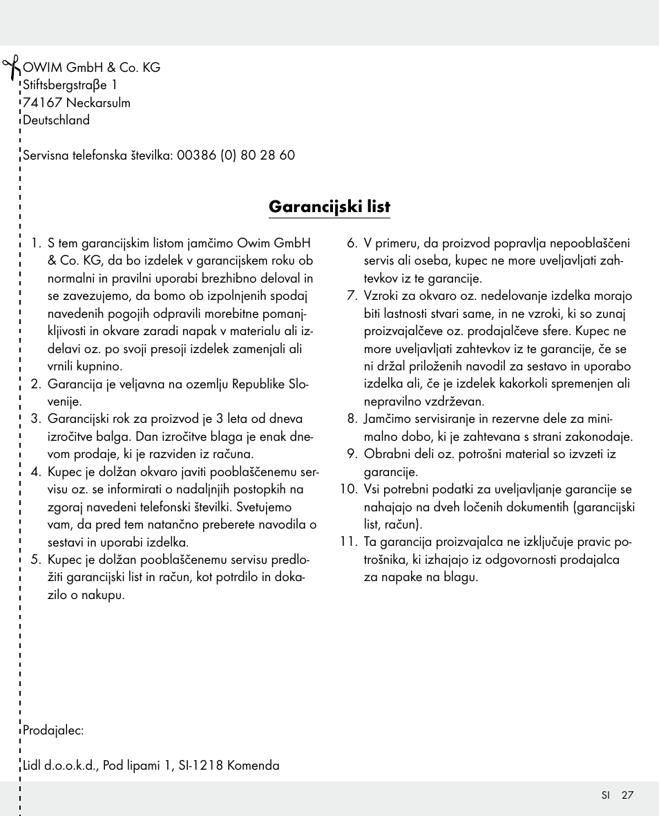 Garancijski list | Silvercrest 104357-14-0х User Manual | Page 27 / 40