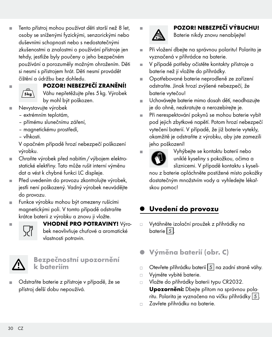 Bezpečnostní upozornění k bateriím, Uvedení do provozu, Výměna baterií (obr. c) | Silvercrest 104357-14-0х User Manual | Page 30 / 40