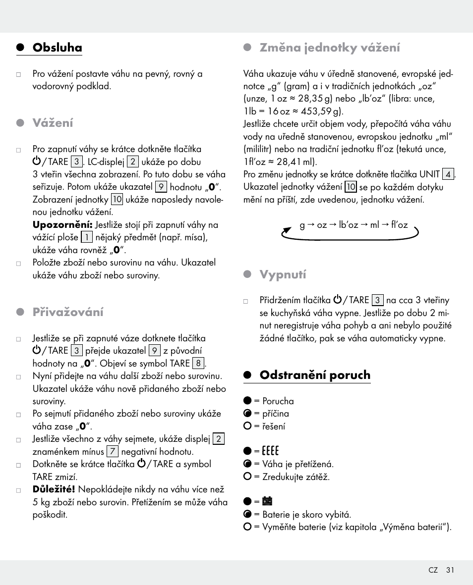 Obsluha, Vážení, Přivažování | Změna jednotky vážení, Vypnutí, Odstranění poruch | Silvercrest 104357-14-0х User Manual | Page 31 / 40