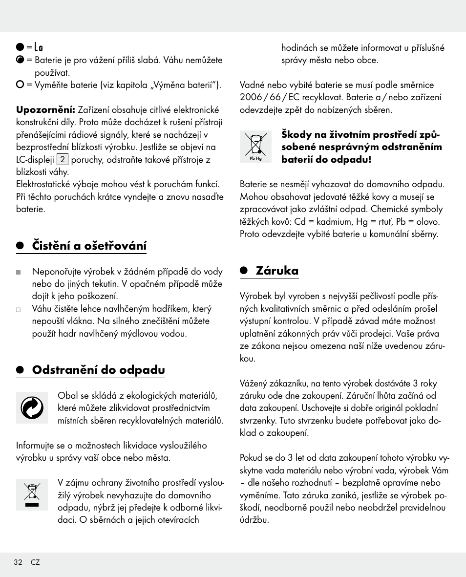 Čistění a ošetřování, Odstranění do odpadu, Záruka | Silvercrest 104357-14-0х User Manual | Page 32 / 40