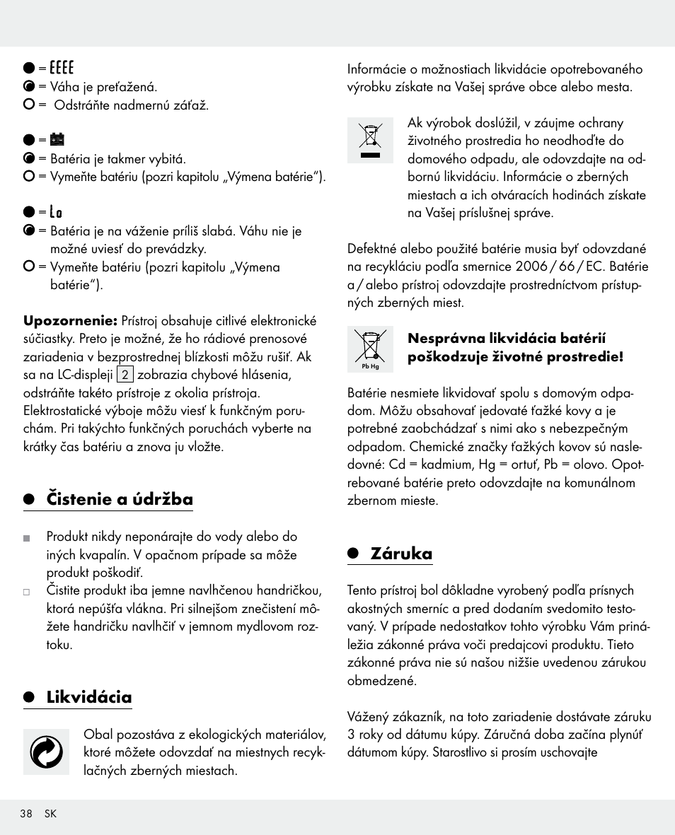 Čistenie a údržba, Likvidácia, Záruka | Silvercrest 104357-14-0х User Manual | Page 38 / 40